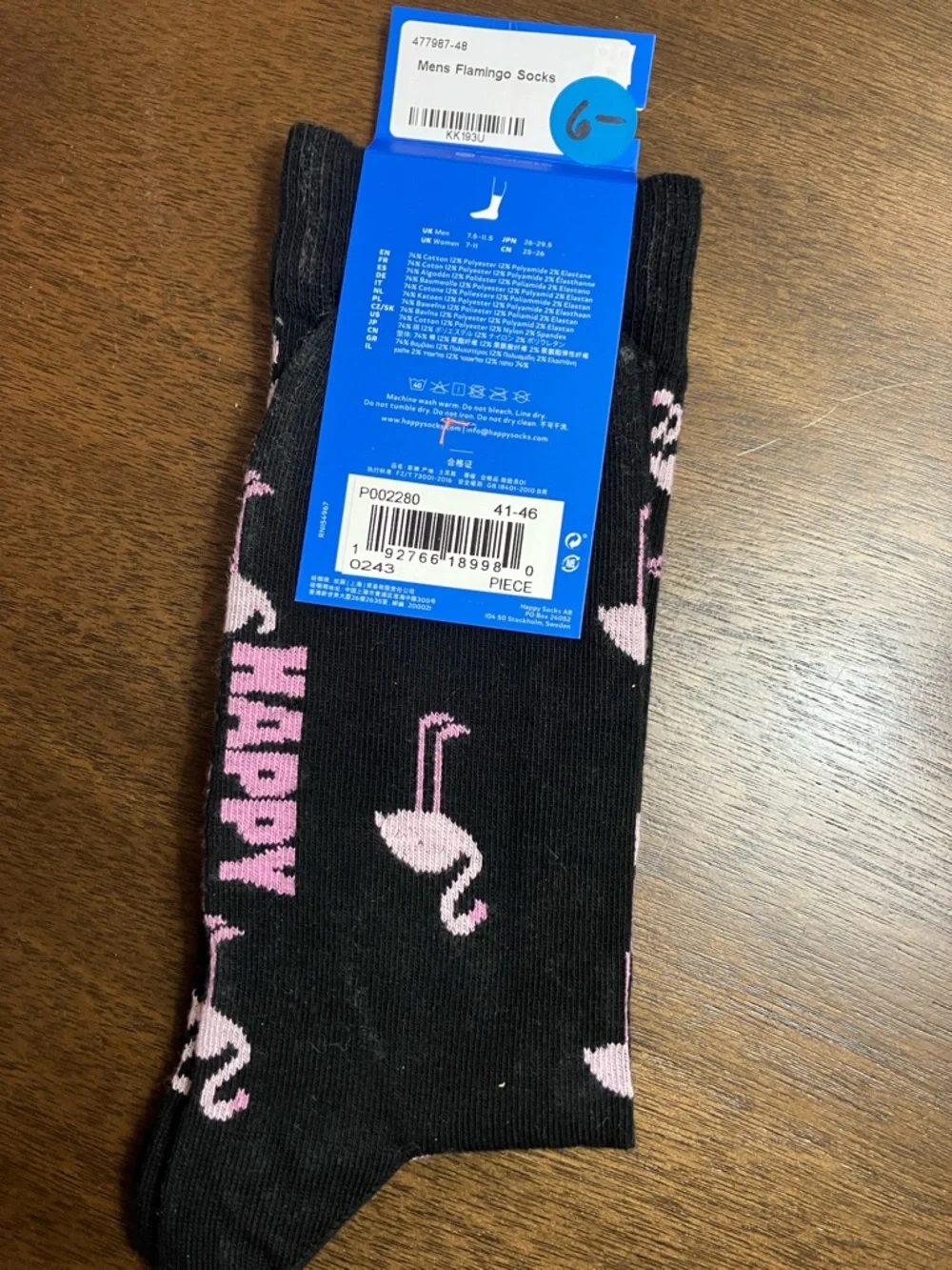 Happy Socks Black Crew Socks with Pink Flamingo Pattern